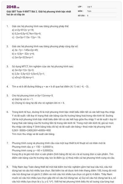 Giải SBT Toán 9 KNTT Bài 2. Giải hệ phương trình bậc nhất hai ẩn có đáp án
