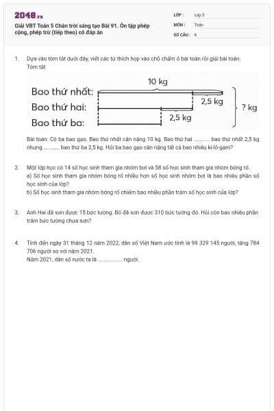 Giải VBT Toán 5 Chân trời sáng tạo Bài 91. Ôn tập phép cộng, phép trừ (tiếp theo) có đáp án