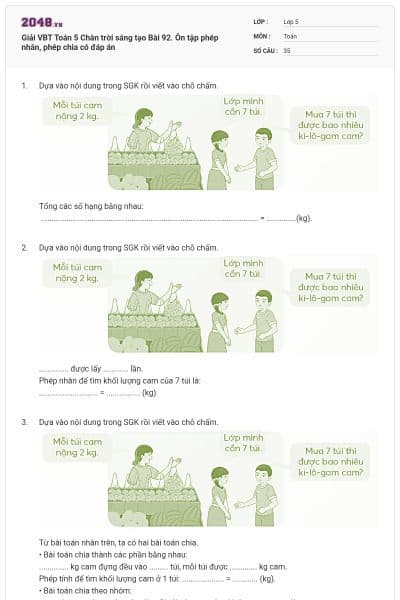 Giải VBT Toán 5 Chân trời sáng tạo Bài 92. Ôn tập phép nhân, phép chia có đáp án