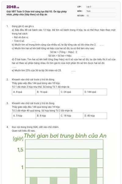 Giải VBT Toán 5 Chân trời sáng tạo Bài 93. Ôn tập phép nhân, phép chia (tiếp theo) có đáp án
