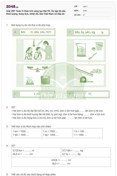 Giải VBT Toán 5 Chân trời sáng tạo Bài 95. Ôn tập độ dài, khối lượng, dung tích, nhiệt độ, tiền Việt Nam có đáp án