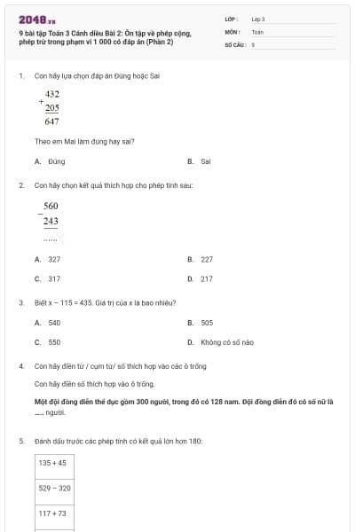 9 bài tập Toán 3 Cánh diều Bài 2: Ôn tập về phép cộng, phép trừ trong phạm vi 1 000 có đáp án (Phần 2)