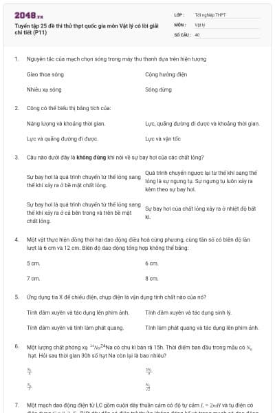 Tuyển tập 25 đề thi thử thpt quốc gia môn Vật lý có lời giải chi tiết (P11)