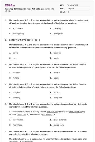 Tổng hợp đề thi thử môn Tiếng Anh có lời giải chi tiết (Đề số 11)