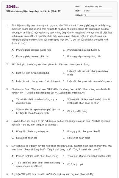 340 câu trắc nghiệm Logic học có đáp án (Phần 12)