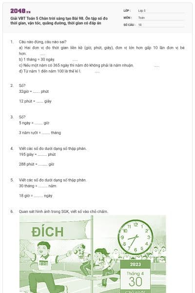 Giải VBT Toán 5 Chân trời sáng tạo Bài 98. Ôn tập số đo thời gian, vận tốc, quãng đường, thời gian có đáp án