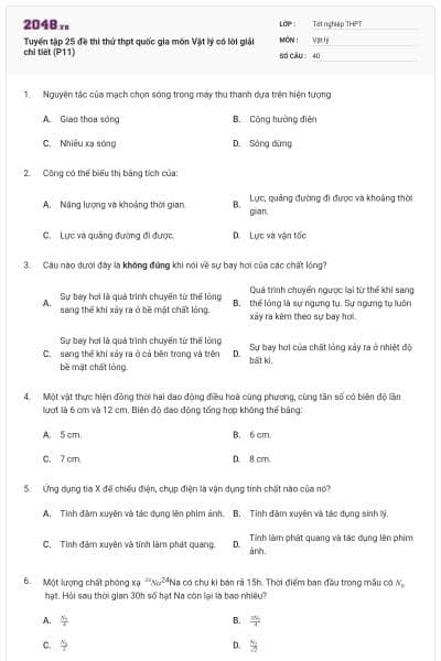 Tuyển tập 25 đề thi thử thpt quốc gia môn Vật lý có lời giải chi tiết (P11)