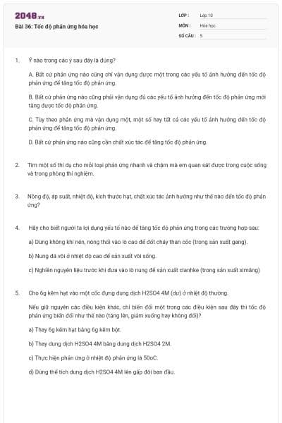 Bài 36: Tốc độ phản ứng hóa học