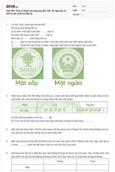 Giải VBT Toán 5 Chân trời sáng tạo Bài 100. Ôn tập một số yếu tố xác suất có đáp án