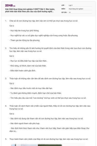 Giải SGK Hoạt động trải nghiệm 9 KNTT Bài 2: Rèn luyện, phát triển bản thân theo yêu cầu của định hướng nghề nghiệp có đáp án