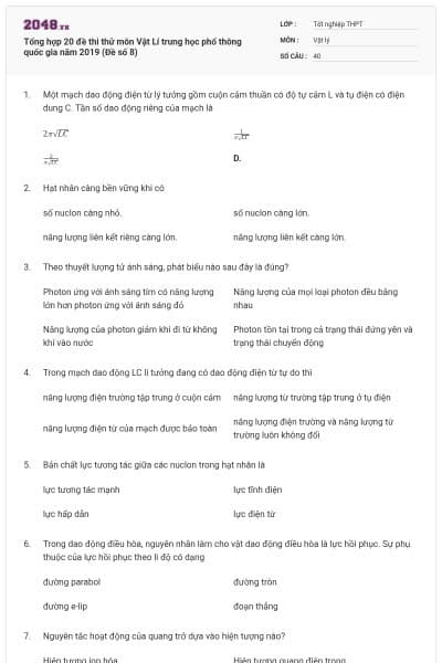 Tổng hợp 20 đề thi thử môn Vật Lí trung học phổ thông quốc gia năm 2019 (Đề số 8)