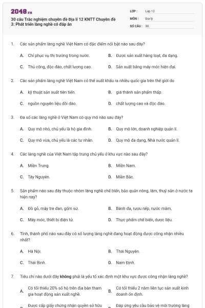 30 câu Trắc nghiệm chuyên đề Địa lí 12 KNTT Chuyên đề 3: Phát triển làng nghề có đáp án