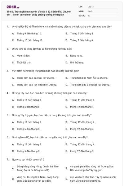 30 câu  Trắc nghiệm chuyên đề Địa lí 12 Cánh diều Chuyên đề 1: Thiên tai và biện pháp phòng chống có đáp án