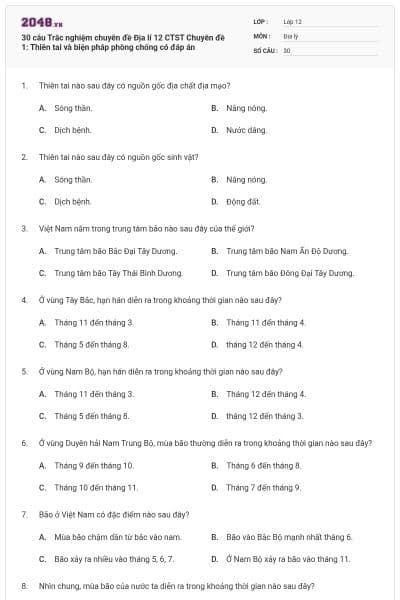 30 câu Trắc nghiệm chuyên đề Địa lí 12 CTST Chuyên đề 1: Thiên tai và biện pháp phòng chống có đáp án