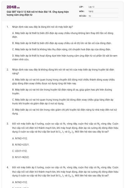 Giải SBT Vật lí 12 Kết nối tri thức Bài 18. Ứng dụng hiện tượng cảm ứng điện từ