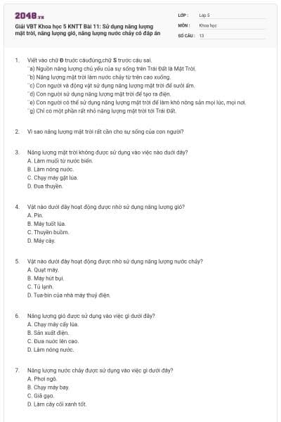 Giải VBT Khoa học 5 KNTT Bài 11: Sử dụng năng lượng mặt trời, năng lượng gió, năng lượng nước chảy có đáp án