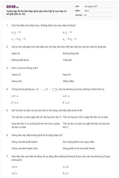 Tuyển tập đề thi thử thpt quốc gia môn Vật lý cực hay có lời giải (Đề số 10)