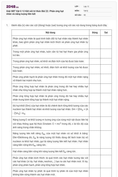 Giải SBT Vật lí 12 Kết nối tri thức Bài 22. Phản ứng hạt nhân và năng lượng liên kết