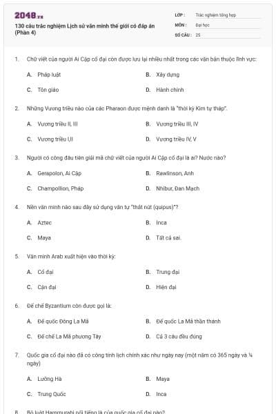 130 câu trắc nghiệm Lịch sử văn minh thế giới có đáp án (Phần 4)