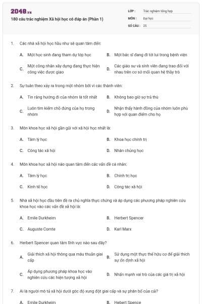 180 câu trắc nghiệm Xã hội học có đáp án (Phần 1)