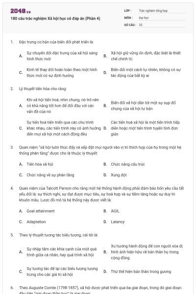 180 câu trắc nghiệm Xã hội học có đáp án (Phần 4)