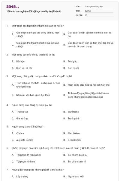 180 câu trắc nghiệm Xã hội học có đáp án (Phần 6)