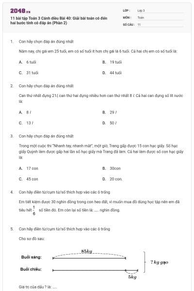11 bài tập Toán 3 Cánh diều Bài 40: Giải bài toán có đến hai bước tính có đáp án (Phần 2)