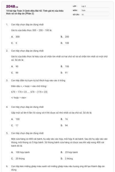 10 bài tập Toán 3 Cánh diều Bài 42: Tính giá trị của biểu thức số có đáp án (Phần 2)