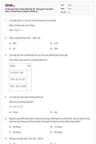 10 bài tập Toán 3 Cánh diều Bài 43: Tính giá trị của biểu thức số (tiếp theo) có đáp án (Phần 2)