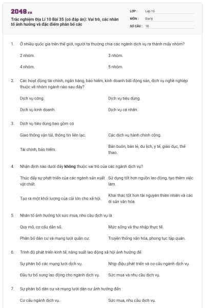 Trắc nghiệm Địa Lí 10 Bài 35 (có đáp án): Vai trò, các nhân tố ảnh hưởng và đặc điểm phân bố các