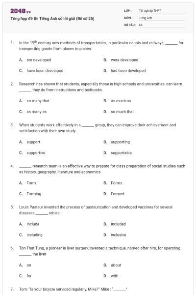 Tổng hợp đề thi Tiếng Anh có lời giải (Đề số 25)