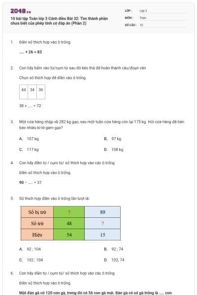 10 bài tập Toán lớp 3 Cánh diều Bài 32: Tìm thành phần chưa biết của phép tính có đáp án (Phần 2)