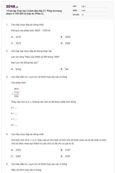 14 bài tập Toán lớp 3 Cánh diều Bài 21: Phép trừ trong phạm vi 100 000 có đáp án (Phần 2)