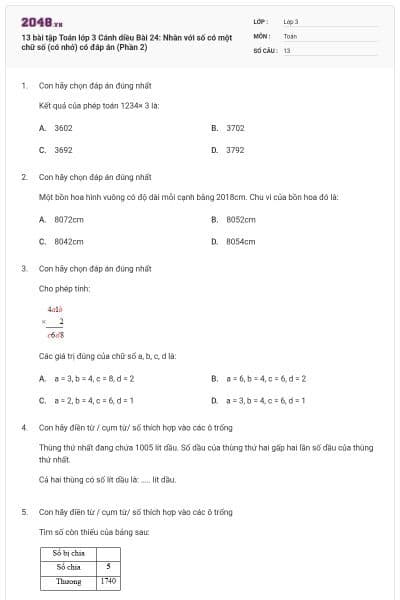 13 bài tập Toán lớp 3 Cánh diều Bài 24: Nhân với số có một chữ số (có nhớ) có đáp án (Phần 2)