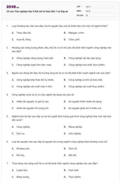 25 câu Trắc nghiệm Địa 9 Kết nối tri thức Bài 7 có đáp án