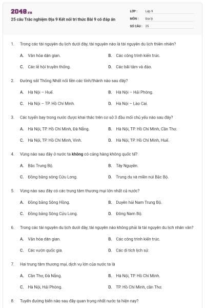 25 câu Trắc nghiệm Địa 9 Kết nối tri thức Bài 9 có đáp án