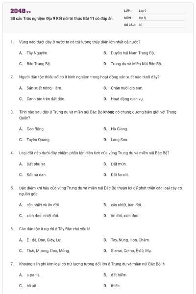 30 câu Trắc nghiệm Địa 9 Kết nối tri thức Bài 11 có đáp án