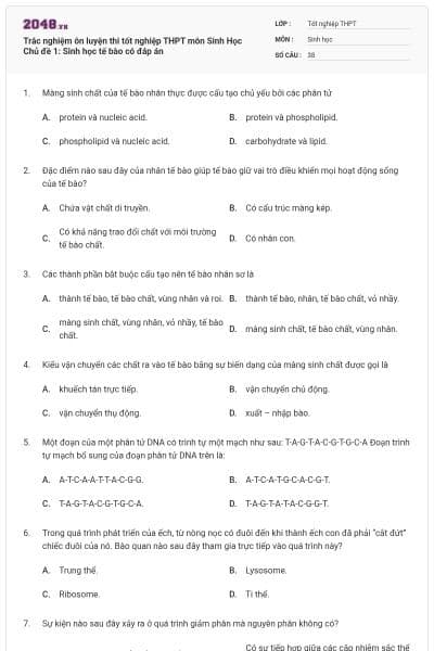 Trắc nghiệm ôn luyện thi tốt nghiệp THPT môn Sinh Học Chủ đề 1: Sinh học tế bào có đáp án