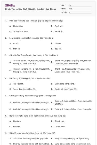 30 câu Trắc nghiệm Địa 9 Kết nối tri thức Bài 14 có đáp án