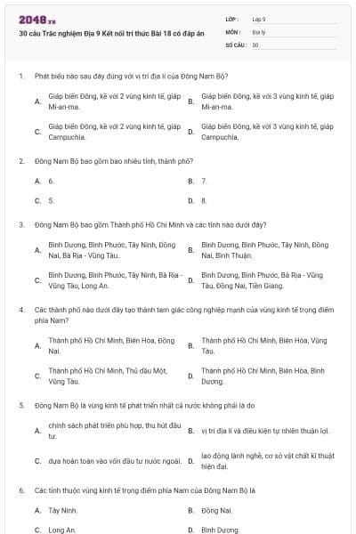 30 câu Trắc nghiệm Địa 9 Kết nối tri thức Bài 18 có đáp án