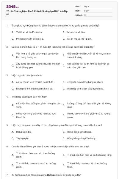 25 câu Trắc nghiệm Địa 9 Chân trời sáng tạo Bài 1 có đáp án