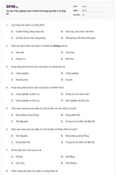 25 câu Trắc nghiệm Địa 9 Chân trời sáng tạo Bài 2 có đáp án