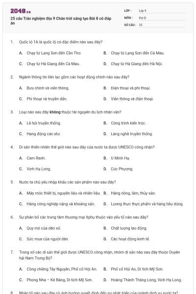 25 câu Trắc nghiệm Địa 9 Chân trời sáng tạo Bài 8 có đáp án