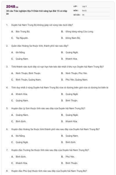 30 câu Trắc nghiệm Địa 9 Chân trời sáng tạo Bài 15 có đáp án