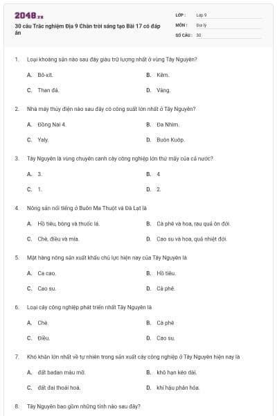 30 câu Trắc nghiệm Địa 9 Chân trời sáng tạo Bài 17 có đáp án