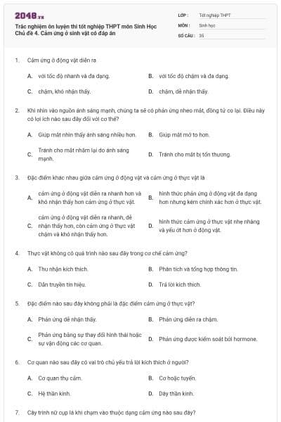 Trắc nghiệm ôn luyện thi tốt nghiệp THPT môn Sinh Học Chủ đề 4. Cảm ứng ở sinh vật có đáp án