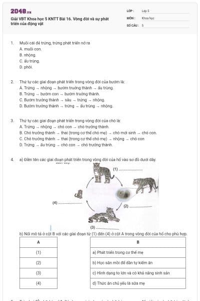 Giải VBT Khoa học 5 KNTT Bài 16. Vòng đời và sự phát triển của động vật