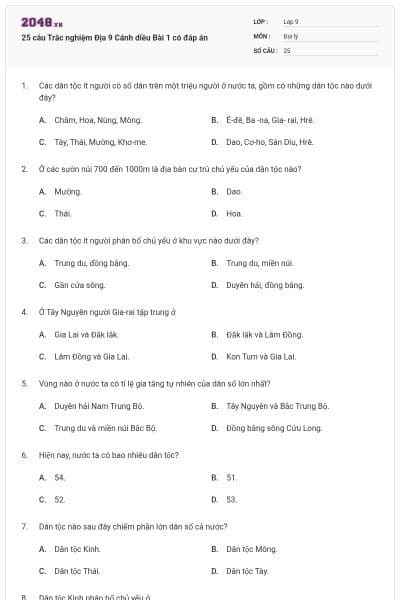 25 câu Trắc nghiệm Địa 9 Cánh diều Bài 1 có đáp án