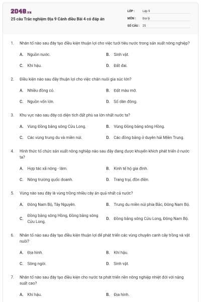 25 câu Trắc nghiệm Địa 9 Cánh diều Bài 4 có đáp án