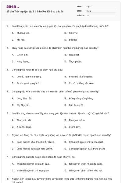 25 câu Trắc nghiệm Địa 9 Cánh diều Bài 6 có đáp án